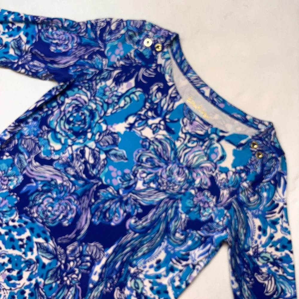 Lilly Pulitzer Dress XL 12-14 Blue Floral 3/4‎ Sleeve Gold Buttons Rayon Spandex